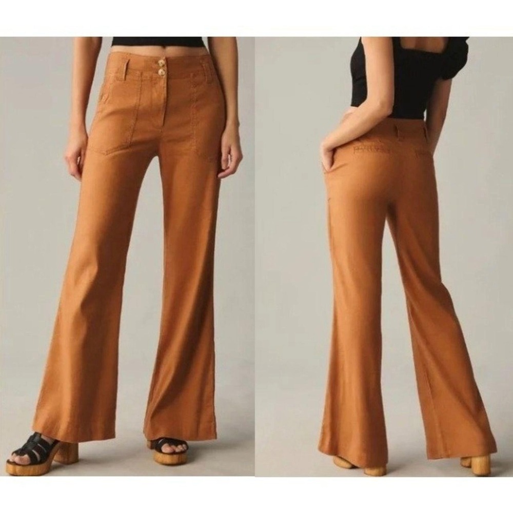 Anthropologie Maeve Naomi linen blend wide leg flare pants women 6P Earthy